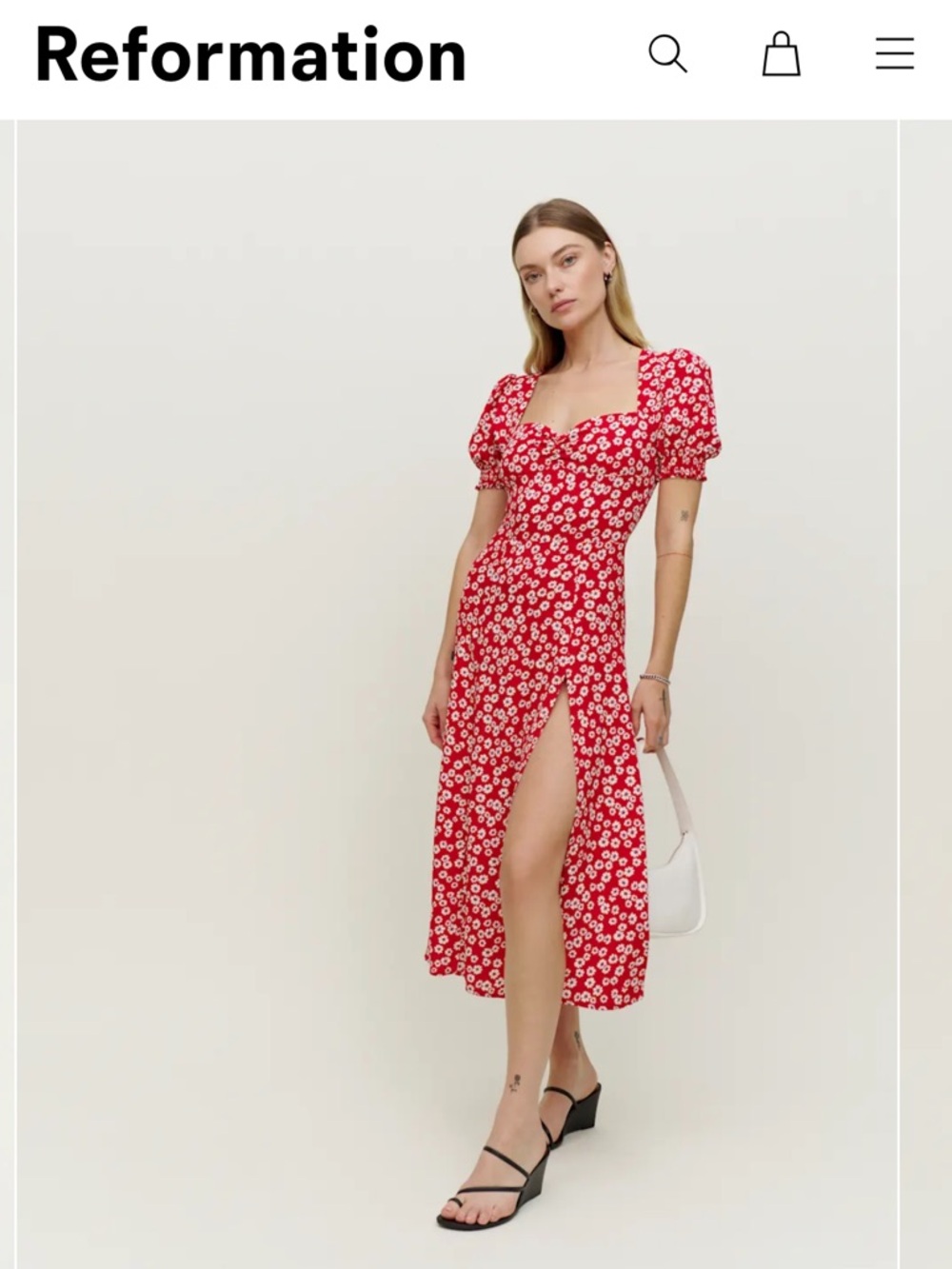 Reformation Lacey Dress in Jenna: Red Floral Midi Dress with Thigh Slit